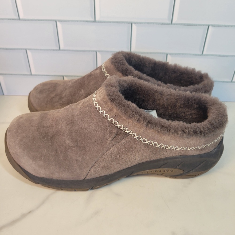 Merrell Encore Ice 4 Suede Sz 9.5 Wide Sheepskin Lined Clogs Brown Slip On Shoe
